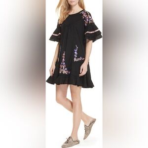 Free People Pavlo Babydoll Dress blck 100% cotton floral embroidery ruffled tier